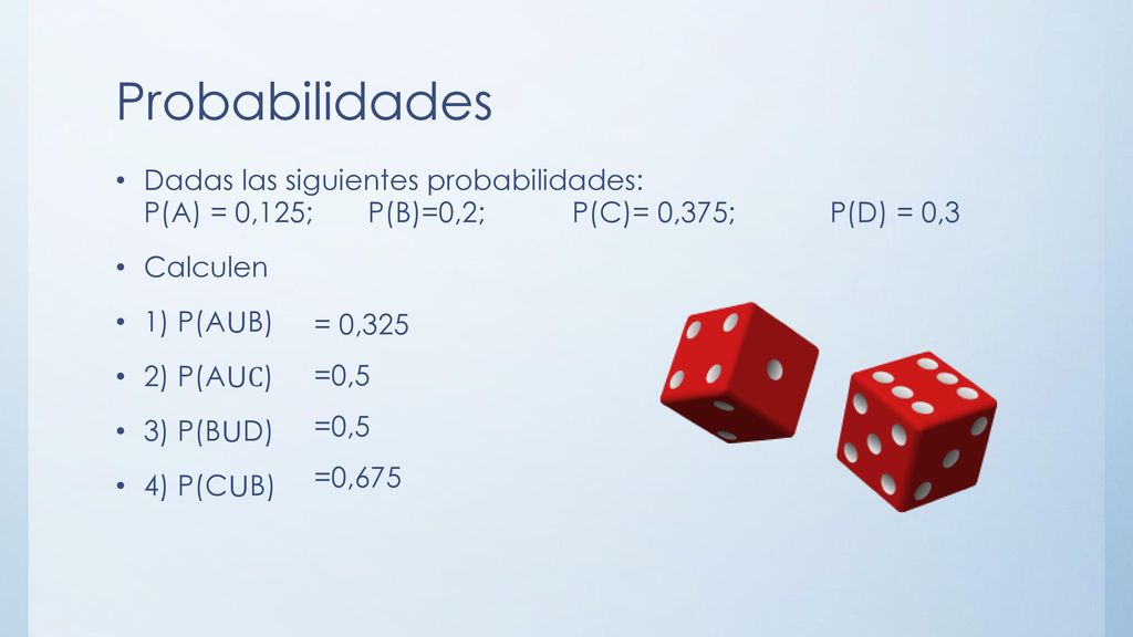 Probabilidades Dadas las siguientes probabilidades: P(A) = 0,125; P(B)=0,2; P(C)= 0,375; P(D) = 0,3.