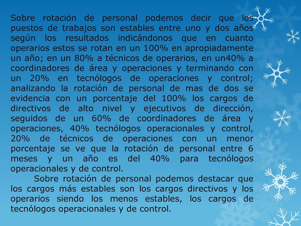 Sobre rotación de personal podemos decir que los puestos de trabajos son estables entre uno y dos años según los resultados indicándonos que en cuanto operarios estos se rotan en un 100% en apropiadamente un año; en un 80% a técnicos de operarios, en un40% a coordinadores de área y operaciones y terminando con un 20% en tecnólogos de operaciones y control; analizando la rotación de personal de mas de dos se evidencia con un porcentaje del 100% los cargos de directivos de alto nivel y ejecutivos de dirección, seguidos de un 60% de coordinadores de área y operaciones, 40% tecnólogos operacionales y control, 20% de técnicos de operaciones con un menor porcentaje se ve que la rotación de personal entre 6 meses y un año es del 40% para tecnólogos operacionales y de control.