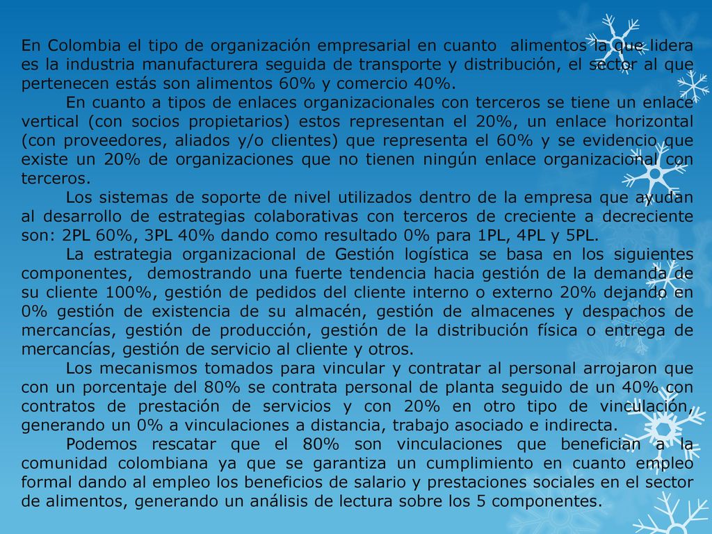 En Colombia el tipo de organización empresarial en cuanto alimentos la que lidera es la industria manufacturera seguida de transporte y distribución, el sector al que pertenecen estás son alimentos 60% y comercio 40%.