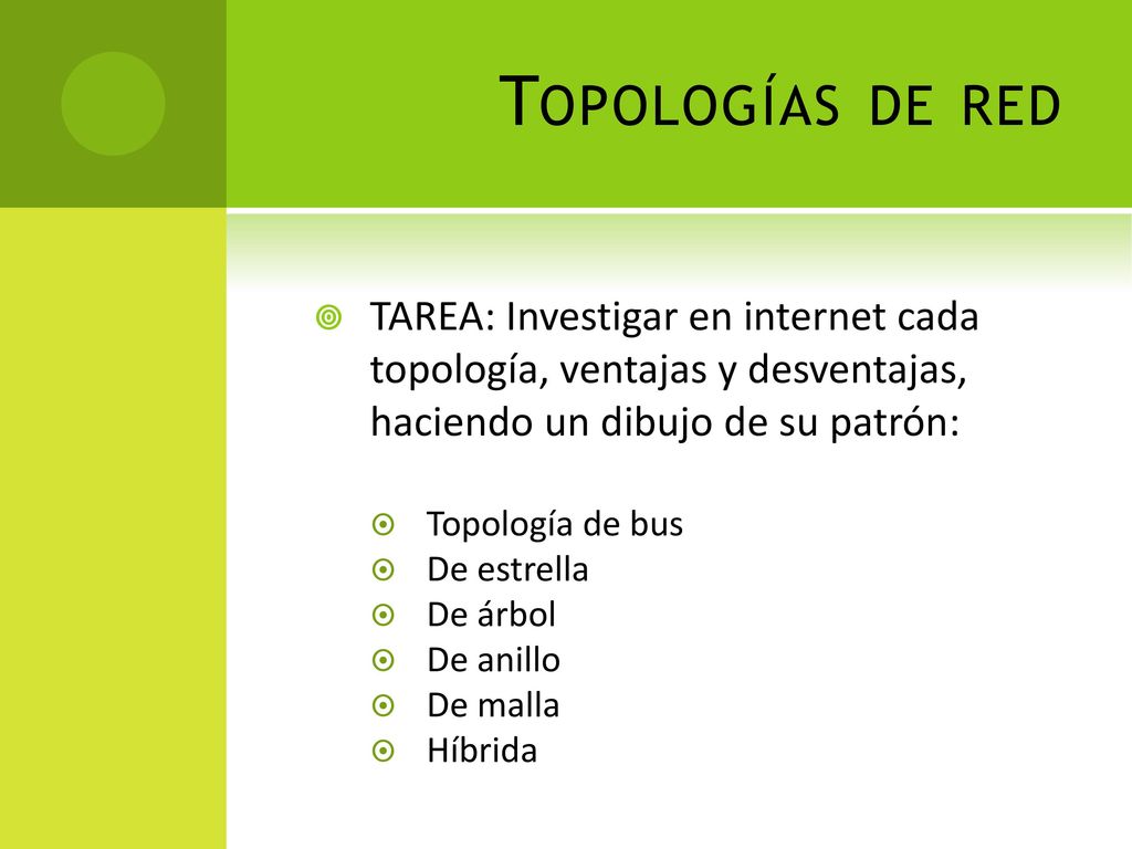 Topologías de red TAREA: Investigar en internet cada topología, ventajas y desventajas, haciendo un dibujo de su patrón: