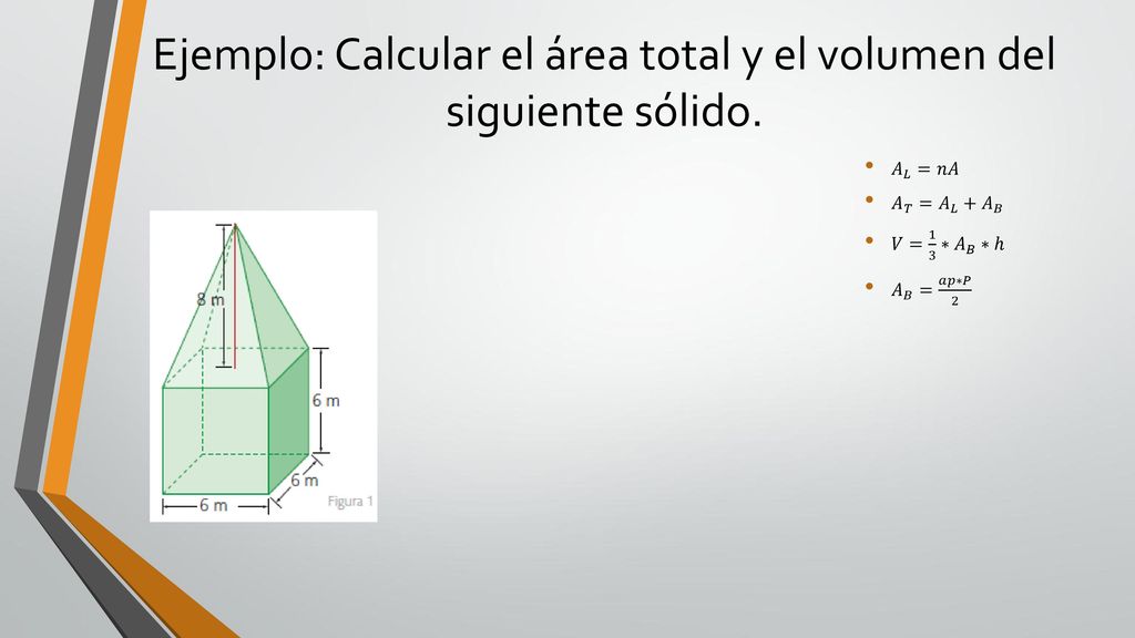 Ejemplo: Calcular el área total y el volumen del siguiente sólido.