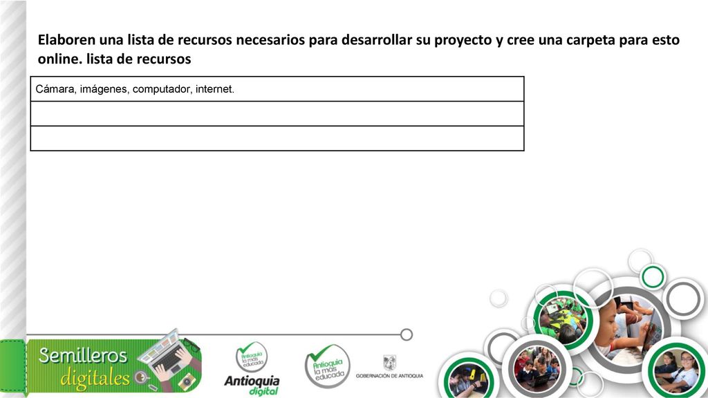 Elaboren una lista de recursos necesarios para desarrollar su proyecto y cree una carpeta para esto online. lista de recursos