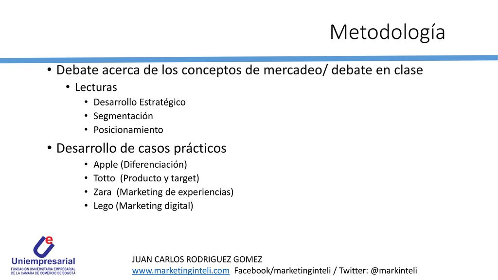 Metodología Debate acerca de los conceptos de mercadeo/ debate en clase. Lecturas. Desarrollo Estratégico.