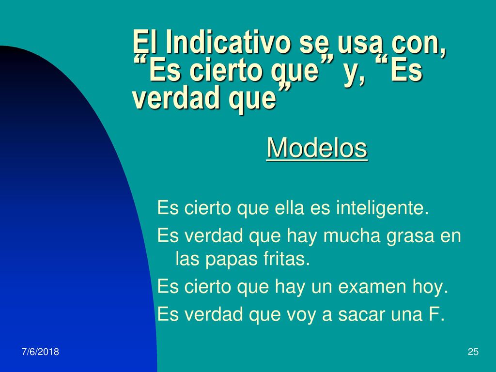 El Indicativo se usa con, Es cierto que y, Es verdad que