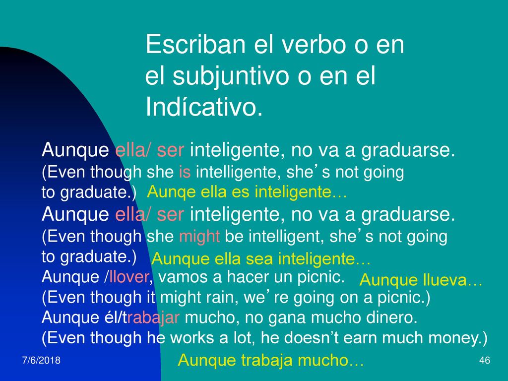 Escriban el verbo o en el subjuntivo o en el Indícativo.