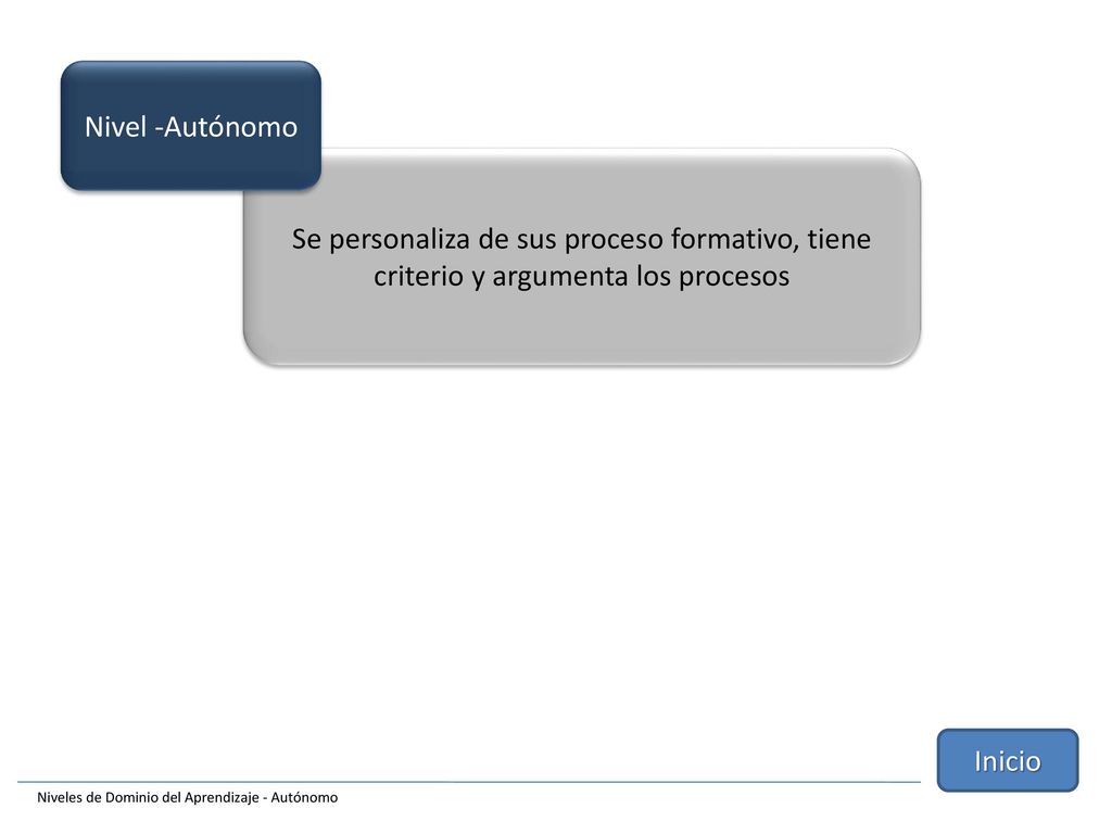 Nivel -Autónomo Se personaliza de sus proceso formativo, tiene criterio y argumenta los procesos. Inicio.