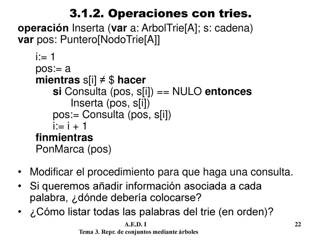 Operaciones con tries. operación Inserta (var a: ArbolTrie[A]; s: cadena) var pos: Puntero[NodoTrie[A]]