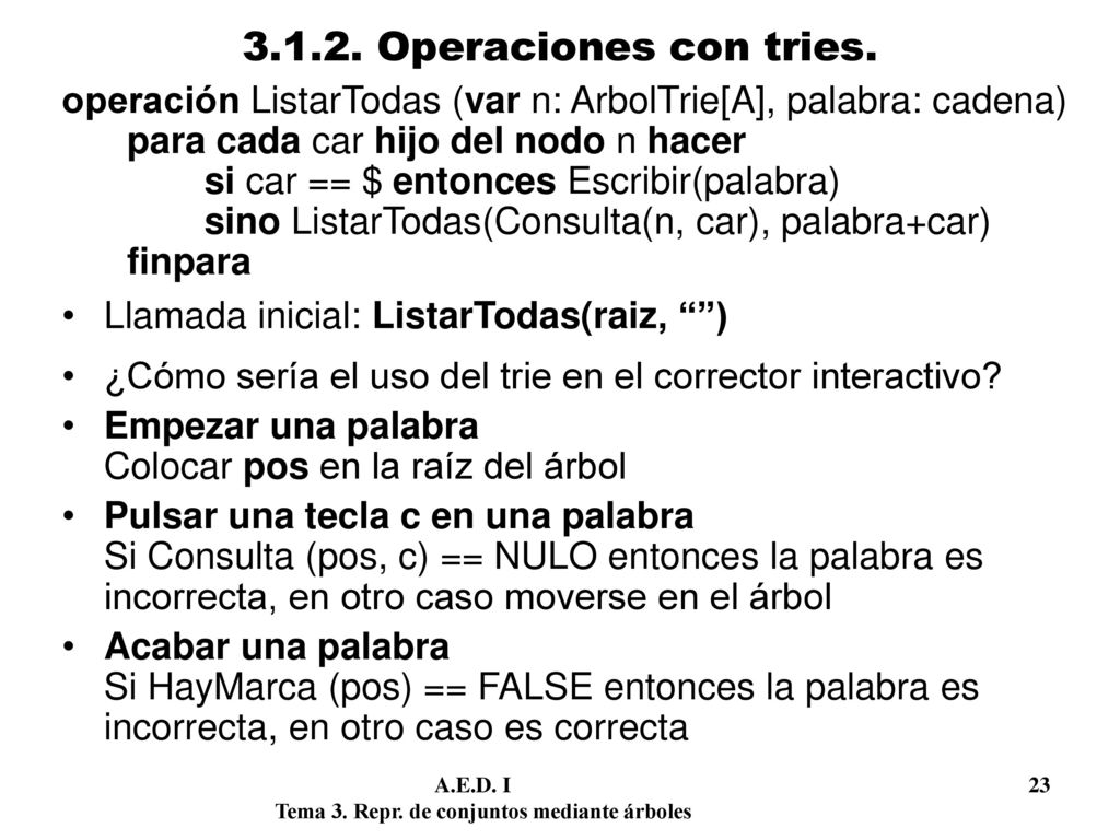 Operaciones con tries. operación ListarTodas (var n: ArbolTrie[A], palabra: cadena) para cada car hijo del nodo n hacer.