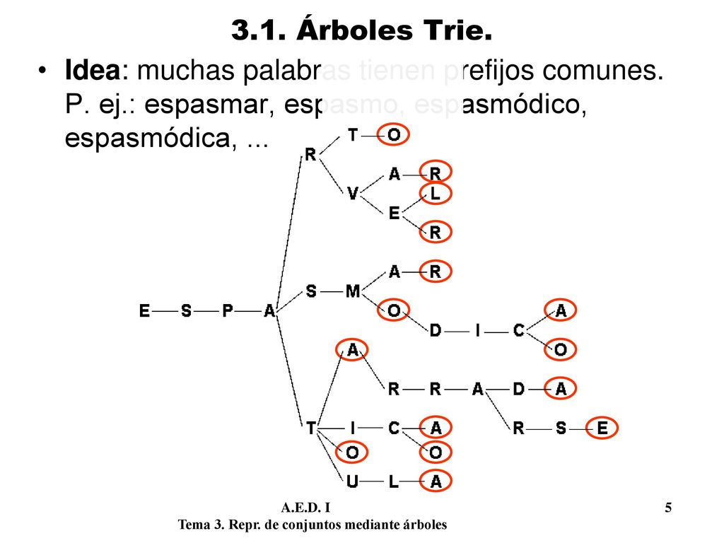 3.1. Árboles Trie. Idea: muchas palabras tienen prefijos comunes. P. ej.: espasmar, espasmo, espasmódico, espasmódica, ...