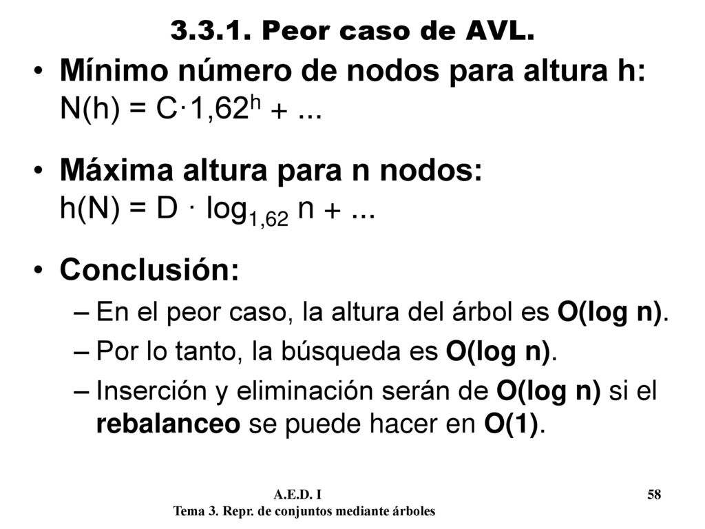 Mínimo número de nodos para altura h: N(h) = C·1,62h