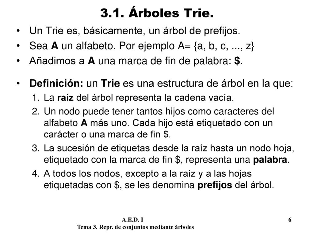 3.1. Árboles Trie. Un Trie es, básicamente, un árbol de prefijos.
