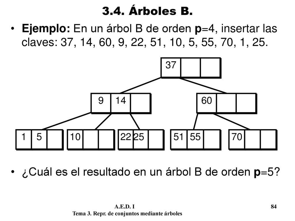 ¿Cuál es el resultado en un árbol B de orden p=5