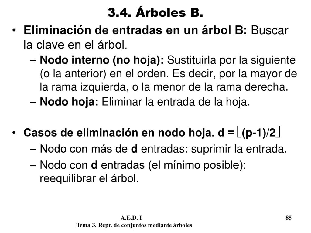 Eliminación de entradas en un árbol B: Buscar la clave en el árbol.
