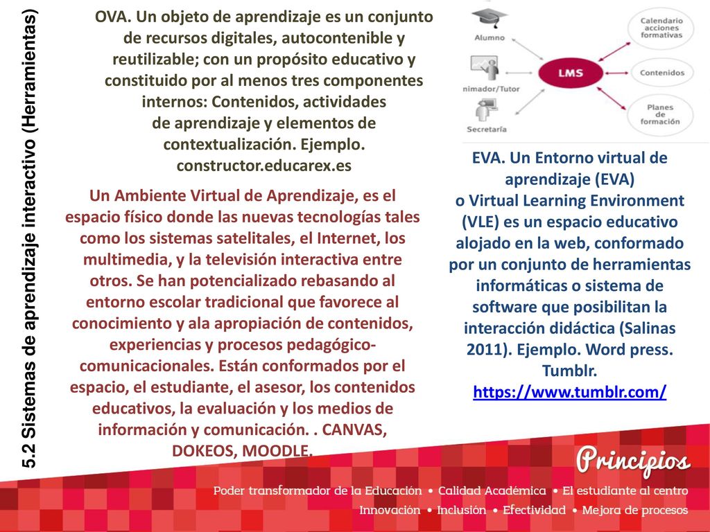 OVA. Un objeto de aprendizaje es un conjunto de recursos digitales, autocontenible y reutilizable; con un propósito educativo y constituido por al menos tres componentes internos: Contenidos, actividades de aprendizaje y elementos de contextualización. Ejemplo. constructor.educarex.es