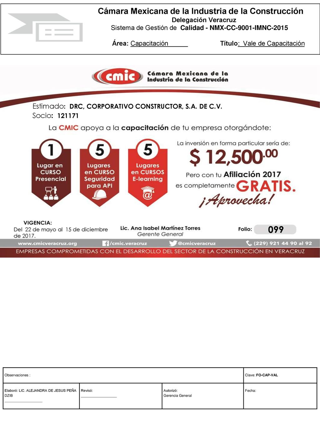 099 Estimado: DRC, CORPORATIVO CONSTRUCTOR, S.A. DE C.V. Socio: