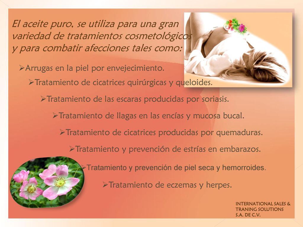 El aceite puro, se utiliza para una gran variedad de tratamientos cosmetológicos y para combatir afecciones tales como:
