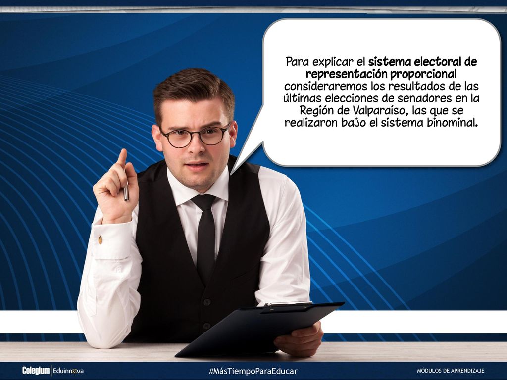 Para explicar el sistema electoral de representación proporcional consideraremos los resultados de las últimas elecciones de senadores en la Región de Valparaíso, las que se realizaron bajo el sistema binominal.