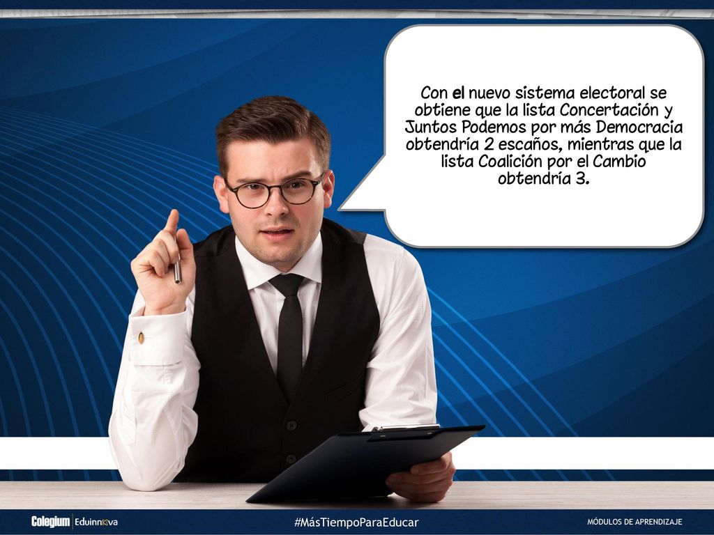 Con el nuevo sistema electoral se obtiene que la lista Concertación y Juntos Podemos por más Democracia obtendría 2 escaños, mientras que la lista Coalición por el Cambio obtendría 3.