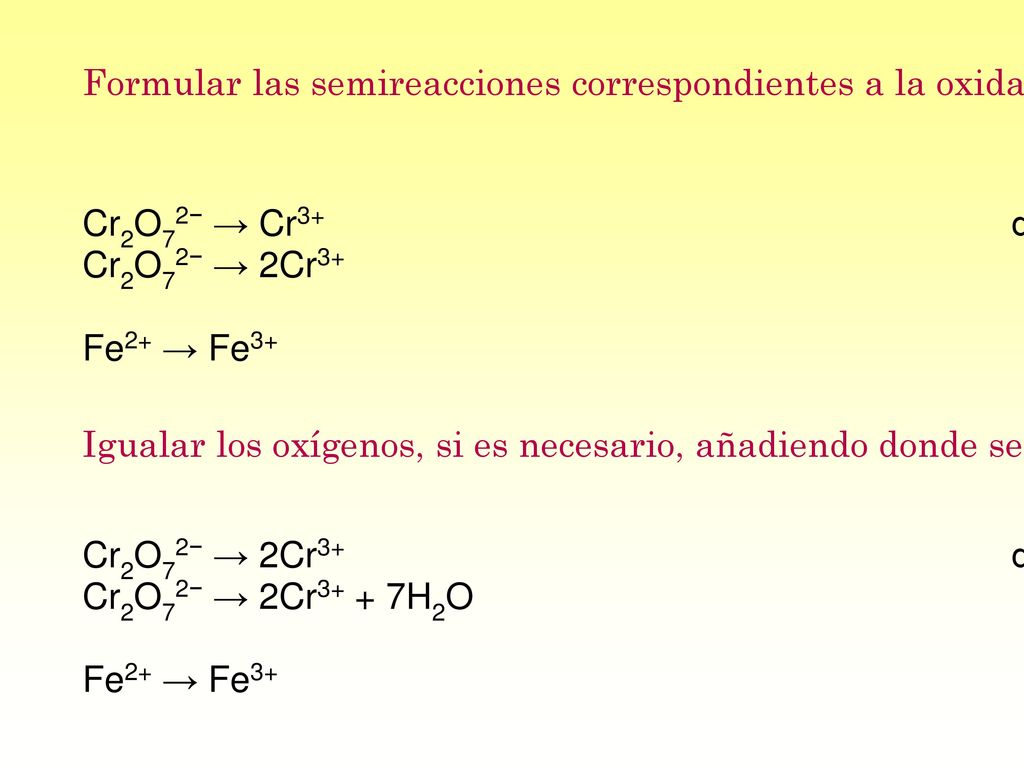 Formular las semireacciones correspondientes a la oxidación y la reducción ajustando, si es necesario, los elementos característicos.