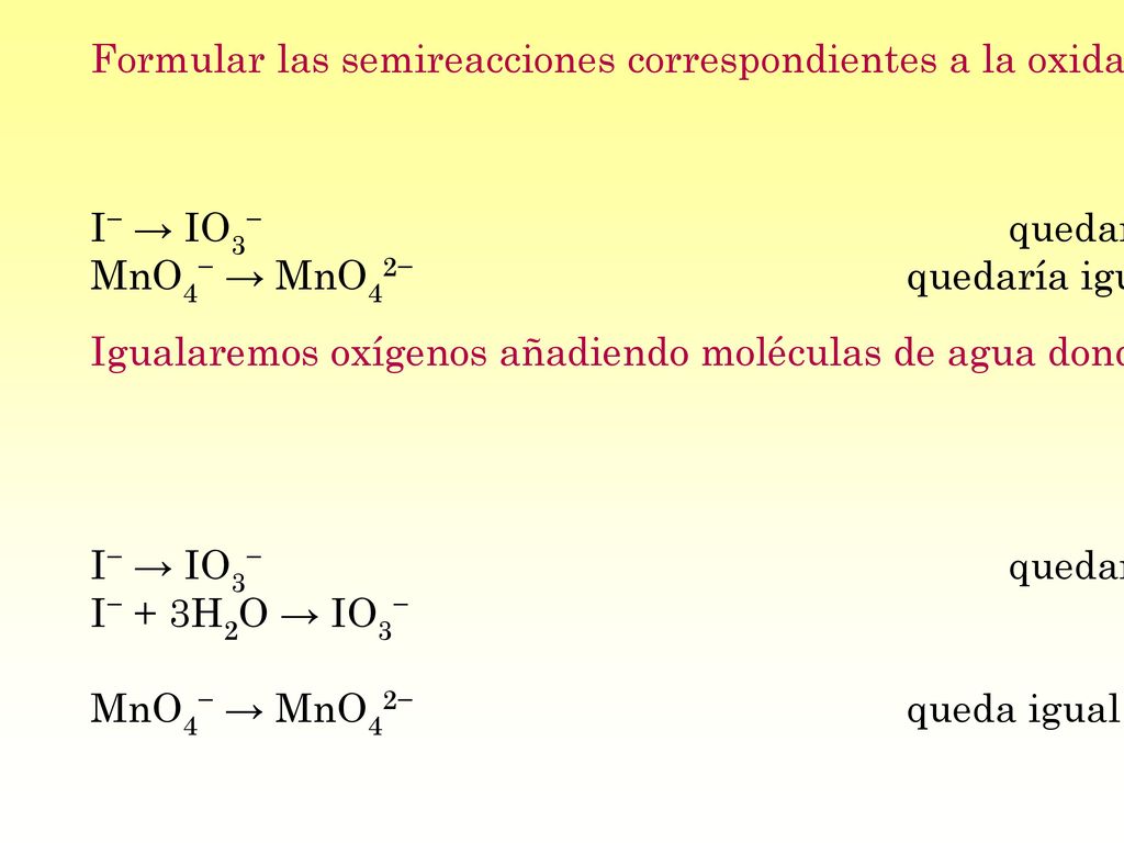 Formular las semireacciones correspondientes a la oxidación y la reducción ajustando, si es necesario, los elementos característicos.