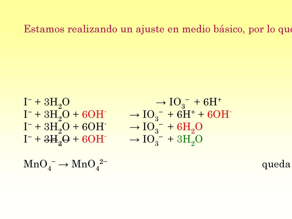 Estamos realizando un ajuste en medio básico, por lo que no deben aparecer H+. Añadiremos tantos OH- en ambos miembros, como sea necesario para que, al combinarlos con los H+, podamos formar moléculas de agua.