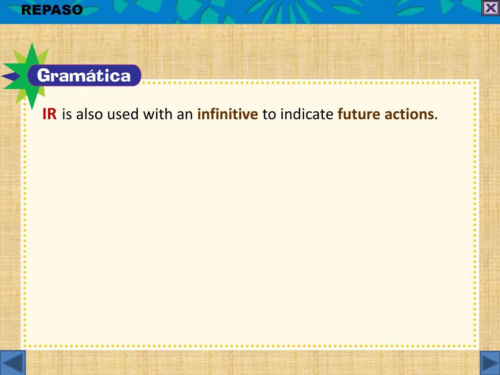 ir is also used with an infinitive to indicate future actions.