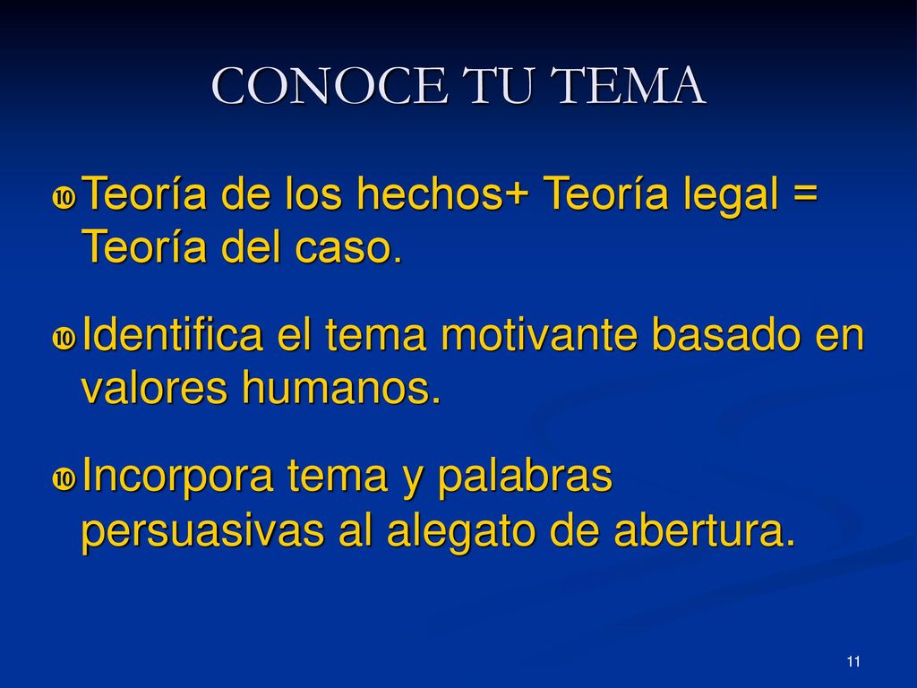CONOCE TU TEMA Teoría de los hechos+ Teoría legal = Teoría del caso.