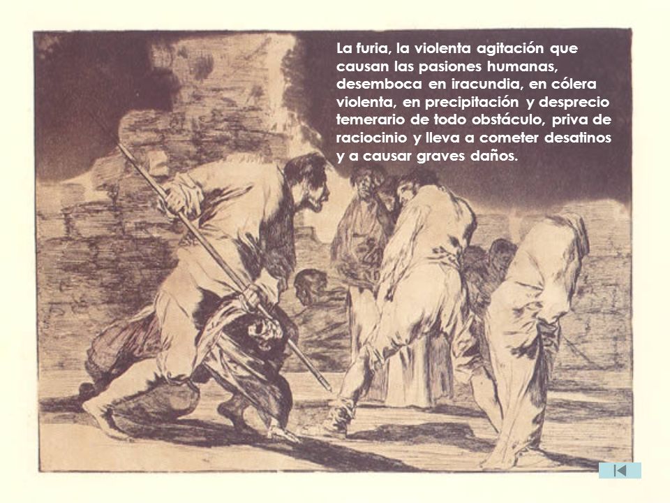 La furia, la violenta agitación que causan las pasiones humanas, desemboca en iracundia, en cólera violenta, en precipitación y desprecio temerario de todo obstáculo, priva de raciocinio y lleva a cometer desatinos y a causar graves daños.