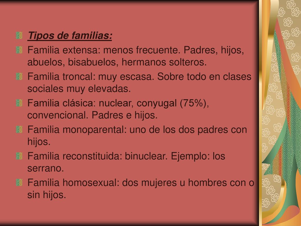 Tipos de familias: Familia extensa: menos frecuente. Padres, hijos, abuelos, bisabuelos, hermanos solteros.