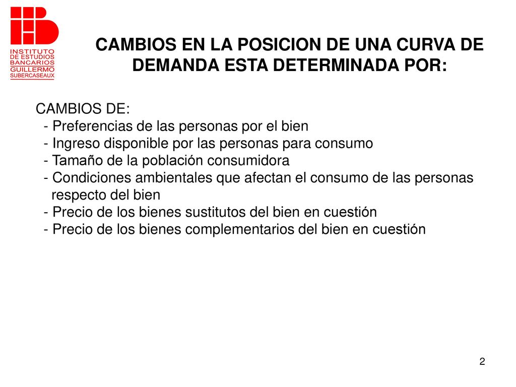 CAMBIOS EN LA POSICION DE UNA CURVA DE DEMANDA ESTA DETERMINADA POR: