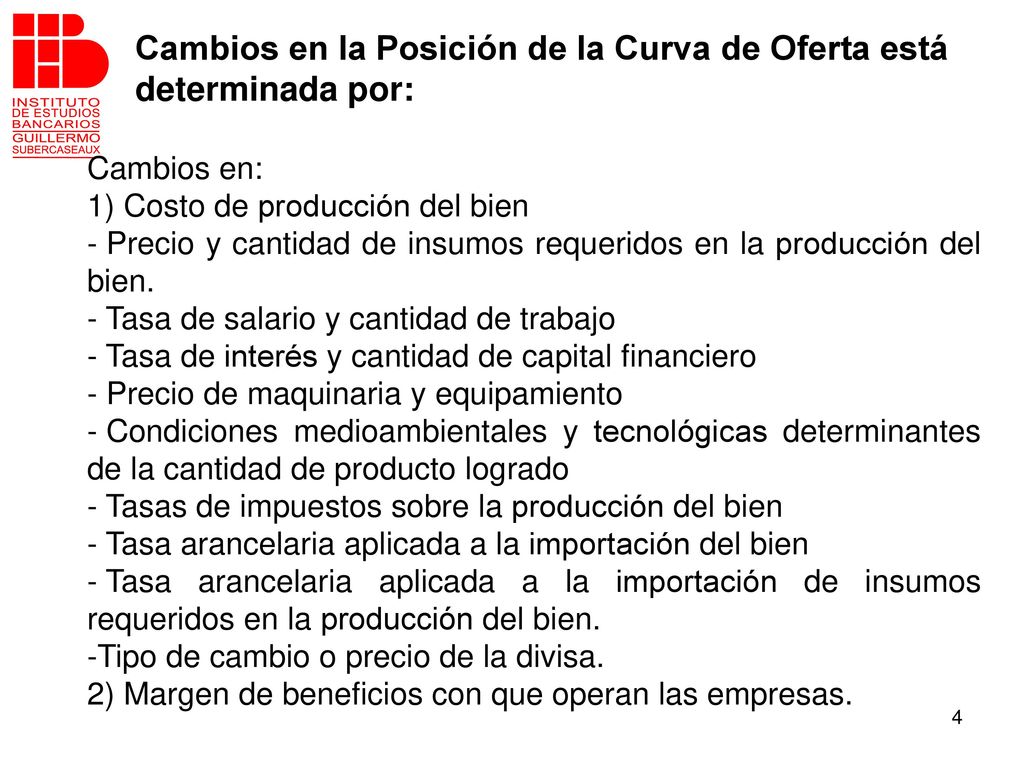 Cambios en la Posición de la Curva de Oferta está determinada por: