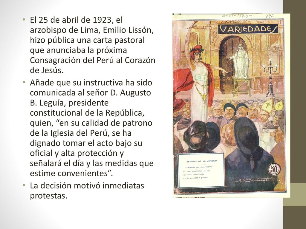 El 25 de abril de 1923, el arzobispo de Lima, Emilio Lissón, hizo pública una carta pastoral que anunciaba la próxima Consagración del Perú al Corazón de Jesús.