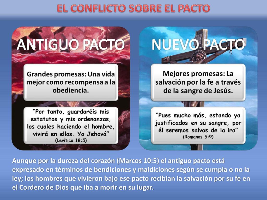 Aunque por la dureza del corazón (Marcos 10:5) el antiguo pacto está expresado en términos de bendiciones y maldiciones según se cumpla o no la ley; los hombres que vivieron bajo ese pacto recibían la salvación por su fe en el Cordero de Dios que iba a morir en su lugar.