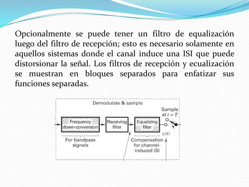 Opcionalmente se puede tener un filtro de equalización luego del filtro de recepción; esto es necesario solamente en aquellos sistemas donde el canal induce una ISI que puede distorsionar la señal.