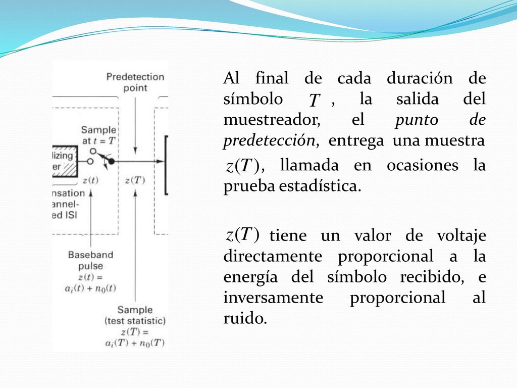 Al final de cada duración de símbolo , la salida del muestreador, el punto de predetección, entrega una muestra , llamada en ocasiones la prueba estadística.