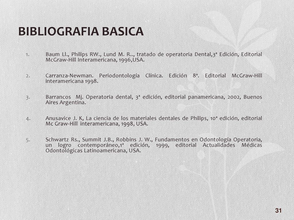 BIBLIOGRAFIA BASICA Baum Ll., Philips RW., Lund M. R.., tratado de operatoria Dental,3ª Edición, Editorial McGraw-Hill Interamericana, 1996,USA.