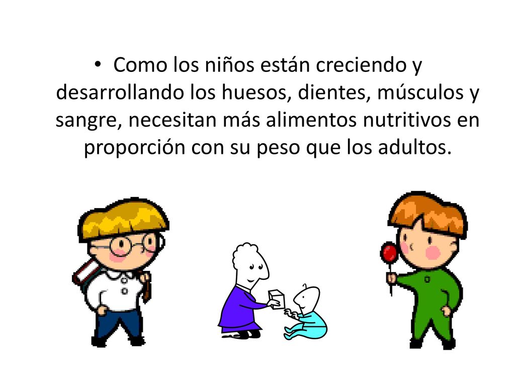 Como los niños están creciendo y desarrollando los huesos, dientes, músculos y sangre, necesitan más alimentos nutritivos en proporción con su peso que los adultos.