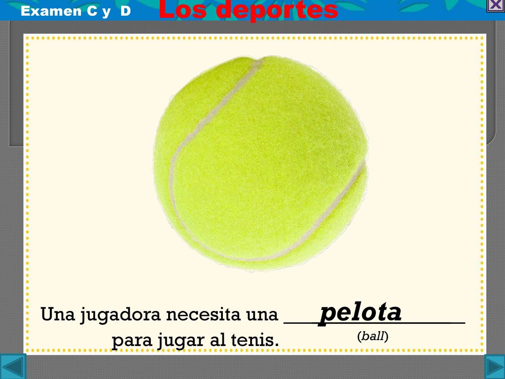 Una jugadora necesita una __ pelota _ para jugar al tenis. (ball)