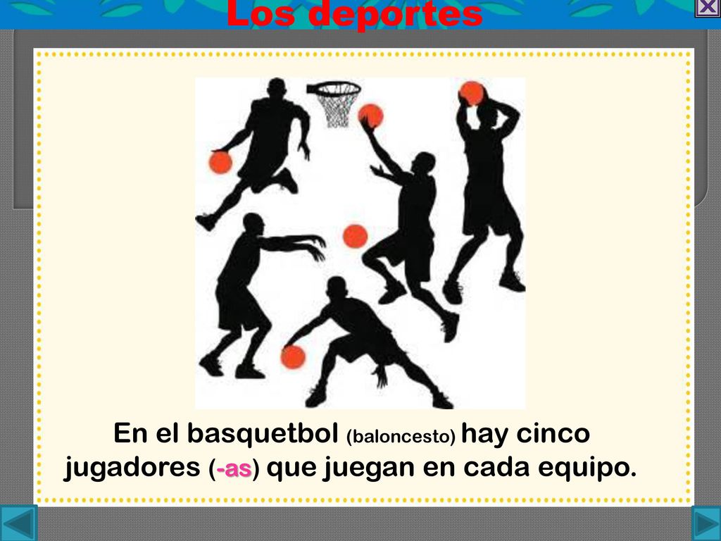 Los deportes En el basquetbol (baloncesto) hay cinco jugadores (-as) que juegan en cada equipo.