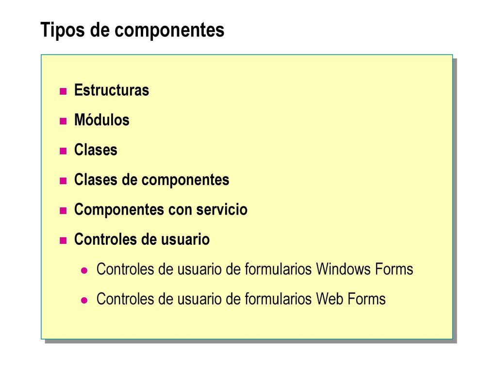 Tipos de componentes Estructuras Módulos Clases Clases de componentes