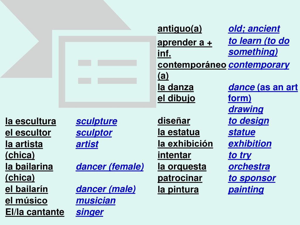 antiguo(a) old; ancient. to learn (to do something) aprender a + inf. contemporáneo(a) contemporary.