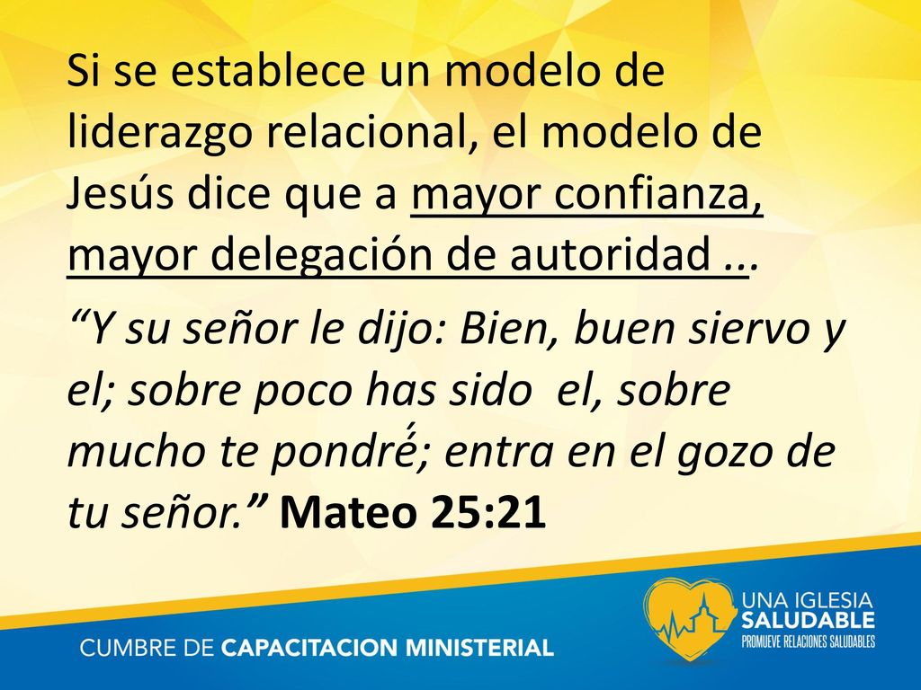 Si se establece un modelo de liderazgo relacional, el modelo de Jesús dice que a mayor confianza, mayor delegación de autoridad ...