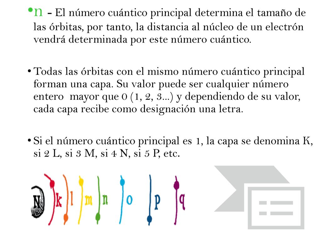 n - El número cuántico principal determina el tamaño de las órbitas, por tanto, la distancia al núcleo de un electrón vendrá determinada por este número cuántico.