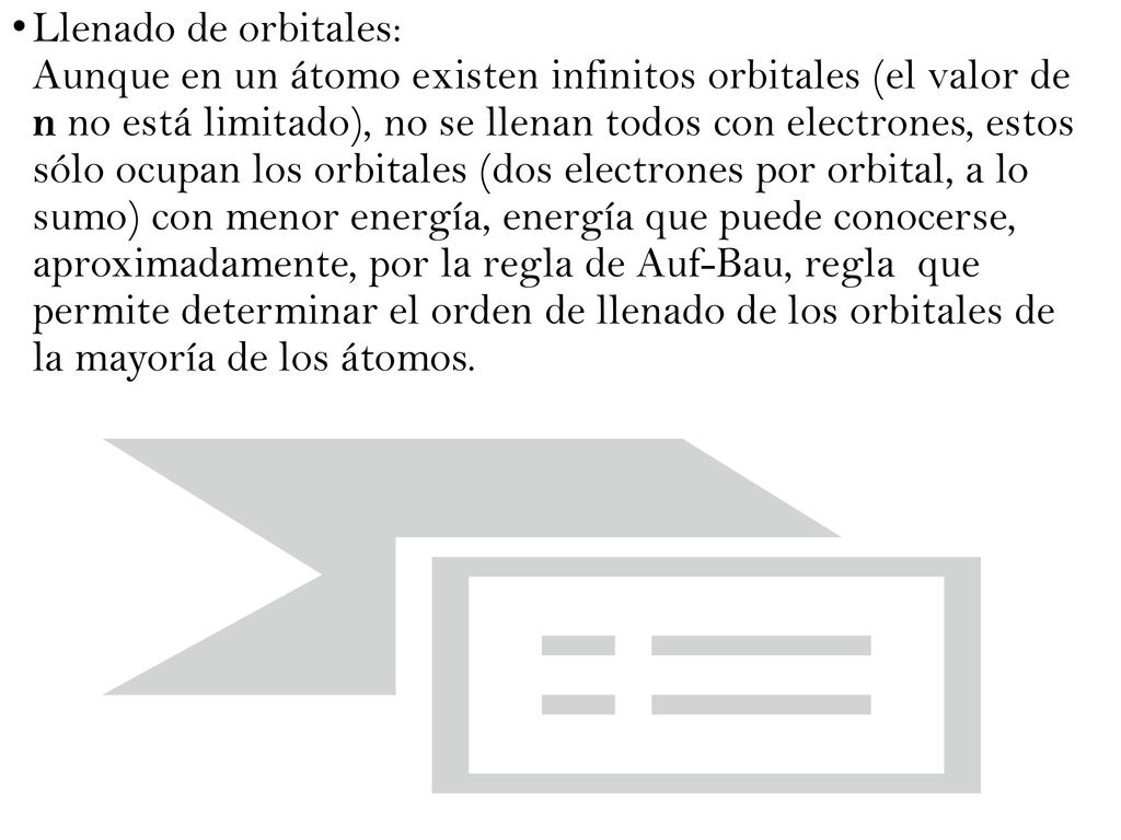 Llenado de orbitales: Aunque en un átomo existen infinitos orbitales (el valor de n no está limitado), no se llenan todos con electrones, estos sólo ocupan los orbitales (dos electrones por orbital, a lo sumo) con menor energía, energía que puede conocerse, aproximadamente, por la regla de Auf-Bau, regla que permite determinar el orden de llenado de los orbitales de la mayoría de los átomos.