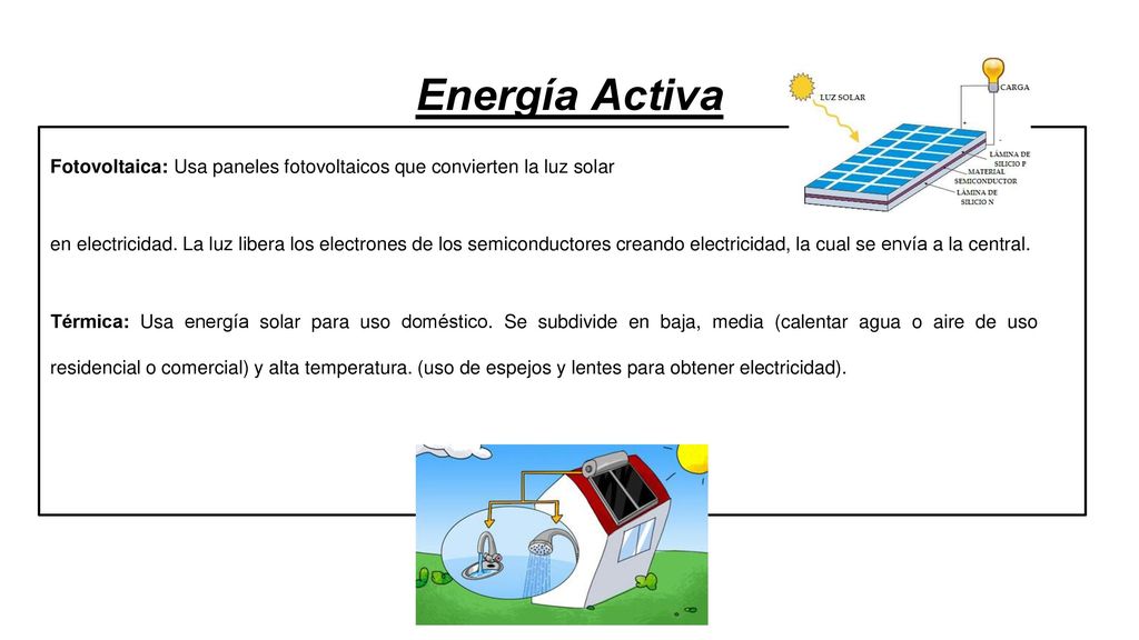 Energía Activa Fotovoltaica: Usa paneles fotovoltaicos que convierten la luz solar.