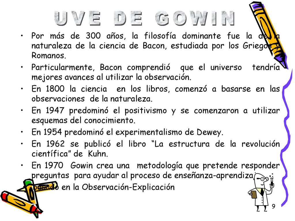 UVE DE GOWIN Por más de 300 años, la filosofía dominante fue la de la naturaleza de la ciencia de Bacon, estudiada por los Griegos y Romanos.