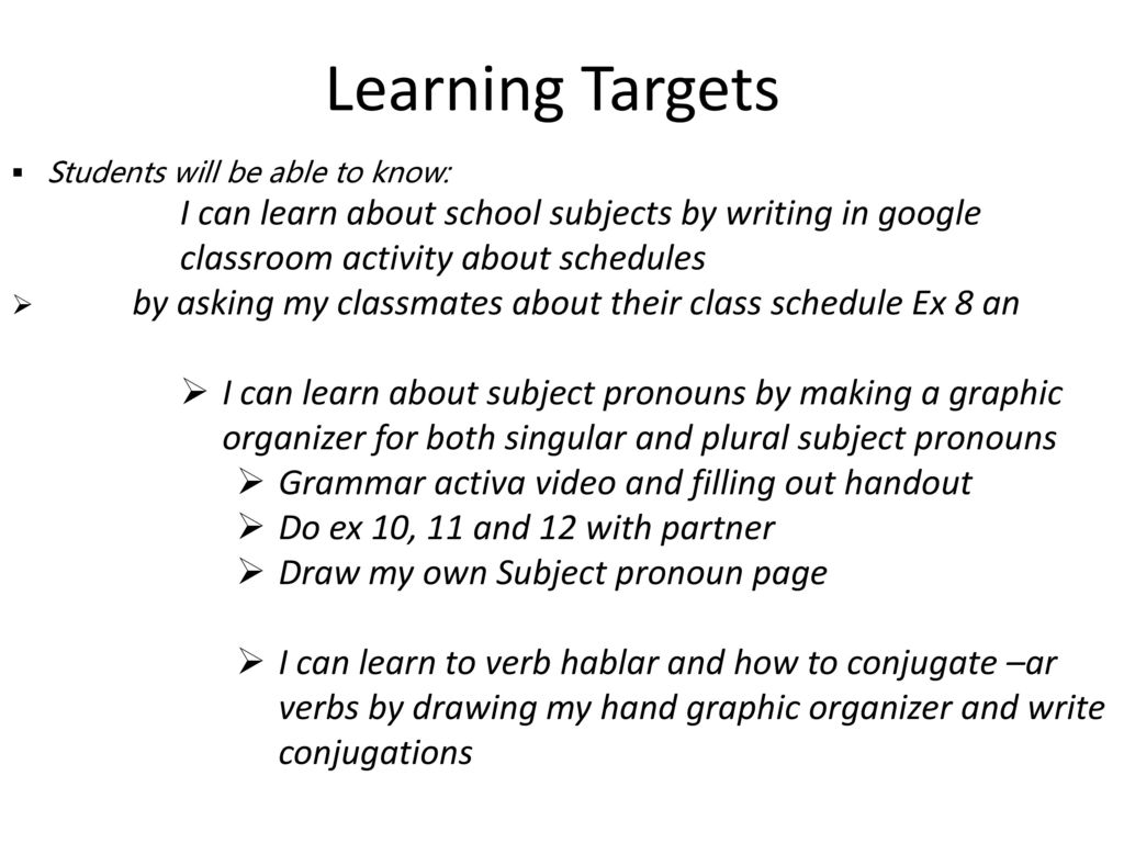 Learning Targets Students will be able to know: I can learn about school subjects by writing in google classroom activity about schedules.