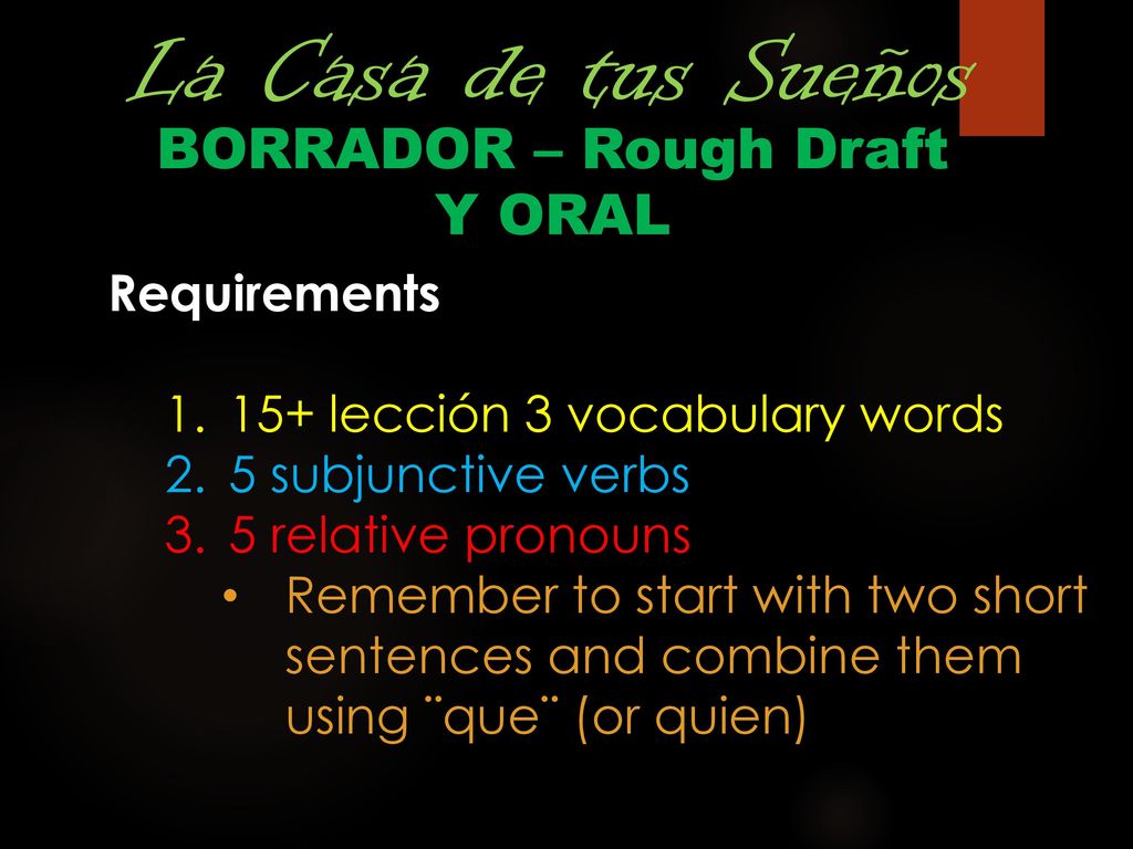 La Casa de tus Sueños BORRADOR – Rough Draft Y ORAL Requirements