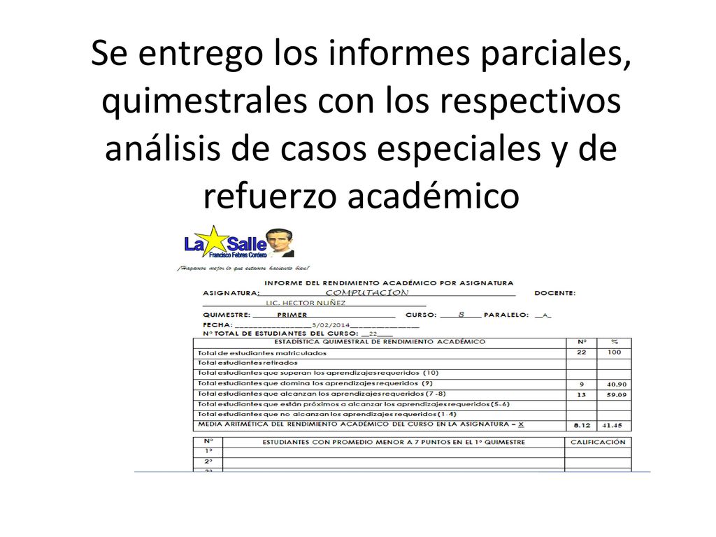 Se entrego los informes parciales, quimestrales con los respectivos análisis de casos especiales y de refuerzo académico