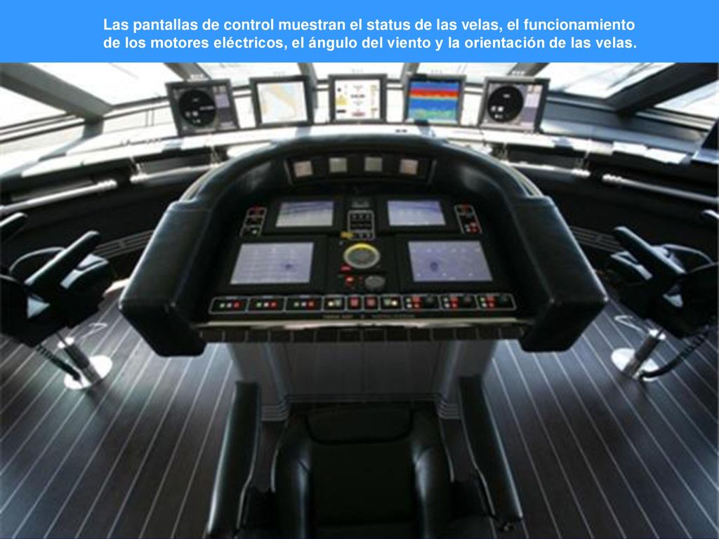Las pantallas de control muestran el status de las velas, el funcionamiento de los motores eléctricos, el ángulo del viento y la orientación de las velas.